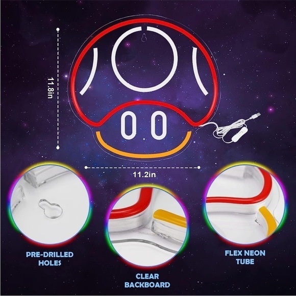 Mario Mushroom Nintendo Cartoon Video Game Neon Light LED Man Cave Kid/Teen Room - Picture 4 of 7